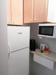 a kitchen with a white refrigerator and a microwave at Gamonal n.4 in Benalmádena