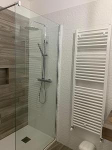 a shower with a glass door in a bathroom at Casa di Nonna Checca in Leuca