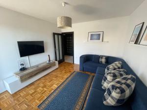 ein Wohnzimmer mit einem blauen Sofa und einem Flachbild-TV in der Unterkunft Apartment Melina in Omišalj