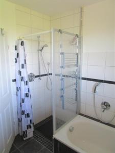 uma casa de banho com um chuveiro e uma banheira em Ferienwohnung Biesterfeld em Bedekaspel