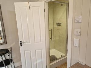 uma casa de banho com um chuveiro e uma porta de vidro em Carlisle Central, Cute Studio Appt, The Cupboard em Carlisle