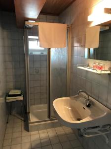 ein Bad mit einem Waschbecken und einer Dusche in der Unterkunft Gästehaus & Weingut Klein in Illmitz