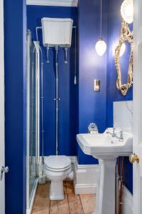 een blauwe badkamer met een toilet en een wastafel bij Darcys' View in Bath