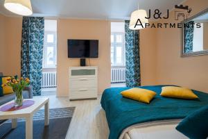 a living room with a bed and a tv at J&J Apartments - Szczytna 1, Apartament 10 in Toruń