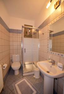 a bathroom with a shower and a toilet and a sink at To Pithari in Skiros +37 photos