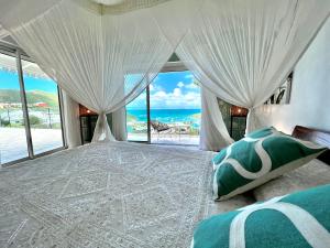 a bedroom with a bed with a view of the ocean at Villa Privilege in Anse Marcel 