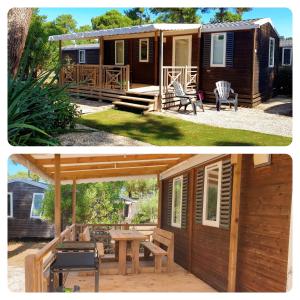 a small cabin with a picnic table and a house at Mobil home Happiness33 dans camping 5 étoiles accès direct plage Vendays Montalivet in Vendays-Montalivet