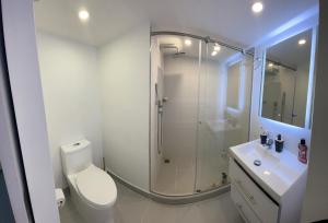 a bathroom with a shower and a toilet and a sink at gray house in Medellín