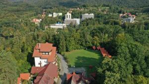 an aerial view of a house with a green yard at Pensiunea Eden in Sovata
