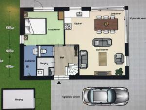 een plattegrond van een huis met een auto bij luxe Villa Maroma Regal aan Veerse meer met 4 Ebikes GasBBQ & EV laadpaal in Kamperland