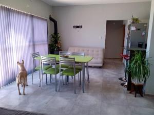 a dog standing in a room with a table and chairs at Mi casa es tu casa!! in Malargüe