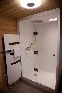 uma casa de banho com um chuveiro e uma porta de vidro em Gîte La Perhotte em Solgne