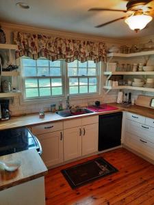 a kitchen with white cabinets and a sink and two windows at Charming Cottage on a City Farm! in Lexington