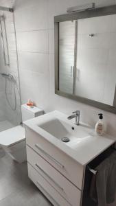 La salle de bains est pourvue d'un lavabo, d'un miroir et de toilettes. dans l'établissement Apartamento Paseo Marítimo, Centro Torre del Mar, à Torre del Mar
