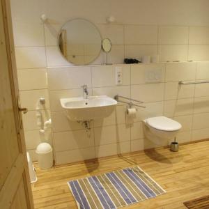 a bathroom with a sink and a toilet and a mirror at Ferienwohnung "Eifelstueffje" in Mechernich