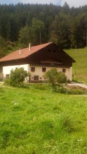 una casa en un campo de césped verde con un edificio en Chambre d'hôtes Petit Martel, en Les Ponts-de-Martel