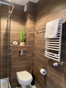 a bathroom with a toilet and a shower at Apartament SPA 44 Resort Kozubnik blisko Szczyrk- 5D Apartamenty in Porąbka