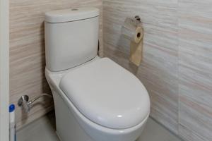 a white toilet in a bathroom with a roll of toilet paper at Locals Apartment House 01 in Zhengzhou