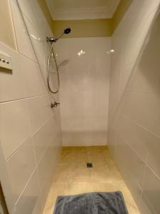a bathroom with a shower with a blue rug at Kulin Erindale Apartments in Kulin