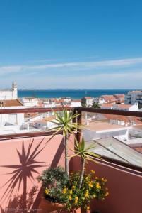 een balkon met palmbomen en uitzicht op de stad bij Casa Amendoeira - Fabulous Restored Townhouse in Lagos Old Town With Panoramic Roof Terrace in Lagos