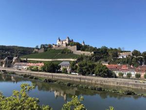 a town with a castle on a hill next to a river at Ferienwohnung Haus Gänseplatz in Volkach