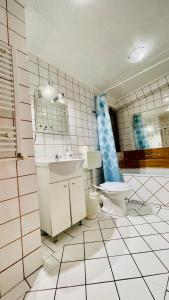 ein Bad mit einem Waschbecken und einem WC in der Unterkunft Pensiunea Luminita in Buşteni
