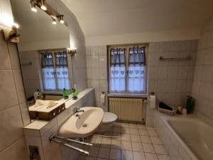 a bathroom with a sink and a toilet and a tub at Ferienwohnung -Main- Ruheplatz am Wasser in Langenprozelten +32 photos