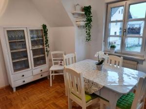 a dining room with a white table and chairs at Ferienwohnung -Main- Ruheplatz am Wasser in Langenprozelten