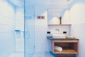 a bathroom with a glass shower and a sink at das Luggi Appartements in Reith im Alpbachtal +102 photos
