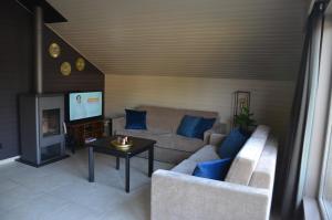 ein Wohnzimmer mit einem Sofa und einem TV in der Unterkunft Vakantiehuis Gertrude in Middelkerke