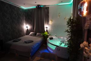 Schlafzimmer mit einem Bett und einer Badewanne in der Unterkunft Capsule color deluxe Balnéo I écran home cinéma I console de jeux in Trith-Saint-Léger