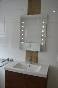 a bathroom with a sink and a mirror at Ferienwohnungen Koch OG adult only in Wangerland +8 photos