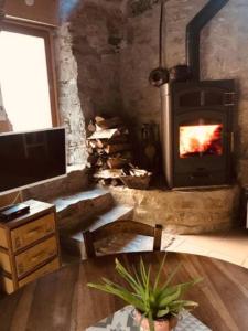 a living room with a stone fireplace and a tv at Petite Maison pleine nature in La Bastide-Pradines