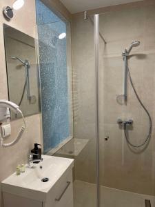bagno con doccia, lavandino e specchio di Dan In'n Out a Vienna