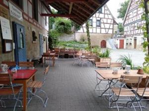 an empty patio with tables and chairs in a building at Gasthaus Holdermühle in Creglingen