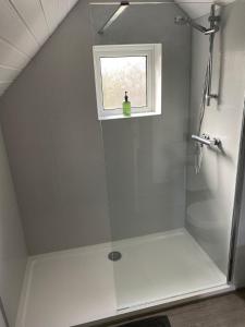 a shower in a bathroom with a window at The Cedars Ashby in Ashby de la Zouch
