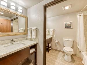 La salle de bains est pourvue de toilettes, d'un lavabo et d'un miroir. dans l'établissement Amanzi Hotel, Ascend Hotel Collection, à Ventura