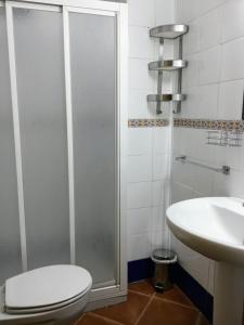 a bathroom with a shower and a toilet and a sink at El Rinconcito de Nadia in Benaocaz +15 photos