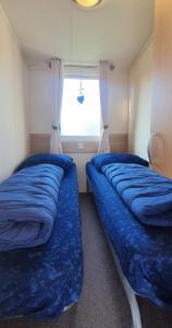 2 Betten in einem kleinen Zimmer mit Fenster in der Unterkunft Beach Resort Kamperland - 153 in Kamperland