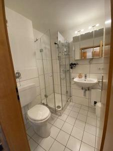 a bathroom with a shower and a toilet and a sink at Ferienwohnung-Leichtwind in Lemkenhafen auf Fehmarn