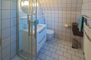 ein Badezimmer mit Toilette und Glasdusche in der Unterkunft Ferienhaus Seestern in Dornumersiel