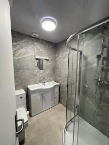 a bathroom with a sink and a shower at Park House Hotel in Blackpool +30 photos