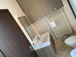 La salle de bains est pourvue de toilettes, d'un lavabo et d'un miroir. dans l'établissement Barolo Apartments, à Barolo