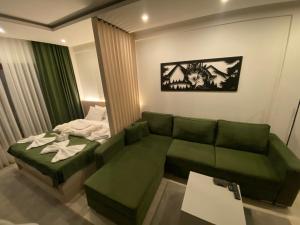 sala de estar con sofá verde y cama en Apartmani Džanković, en Kopaonik