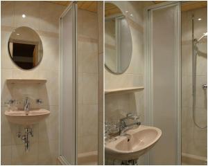 two pictures of a bathroom with a shower and a sink at Chasa Sot-Chaunt 301 in Samnaun