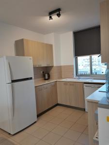 La cuisine est équipée d'un réfrigérateur blanc et de placards en bois. dans l'établissement City Flats 308, à Larnaka