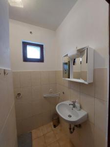 a white bathroom with a sink and a mirror at Apartman Roko in Novalja