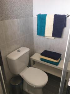 a bathroom with a toilet and towels on a shelf at Apartamento Coral in Santa Maria +23 photos