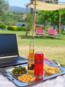 een fles cocacola en een bord chips en een laptop bij STONE GARDEN B&B Ercolano in Ercolano