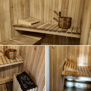 two pictures of a sauna with a pot and a bucket at Domek na Wzgórzu in Wojcieszyce